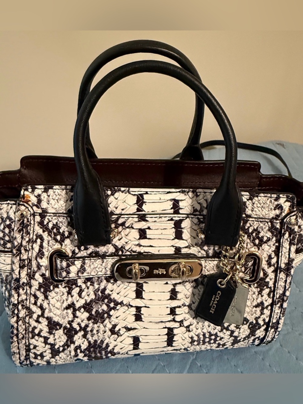 Coach Mini Swagger Women's Black & White Python Snake-Print Satchel - Picture 2 of 12